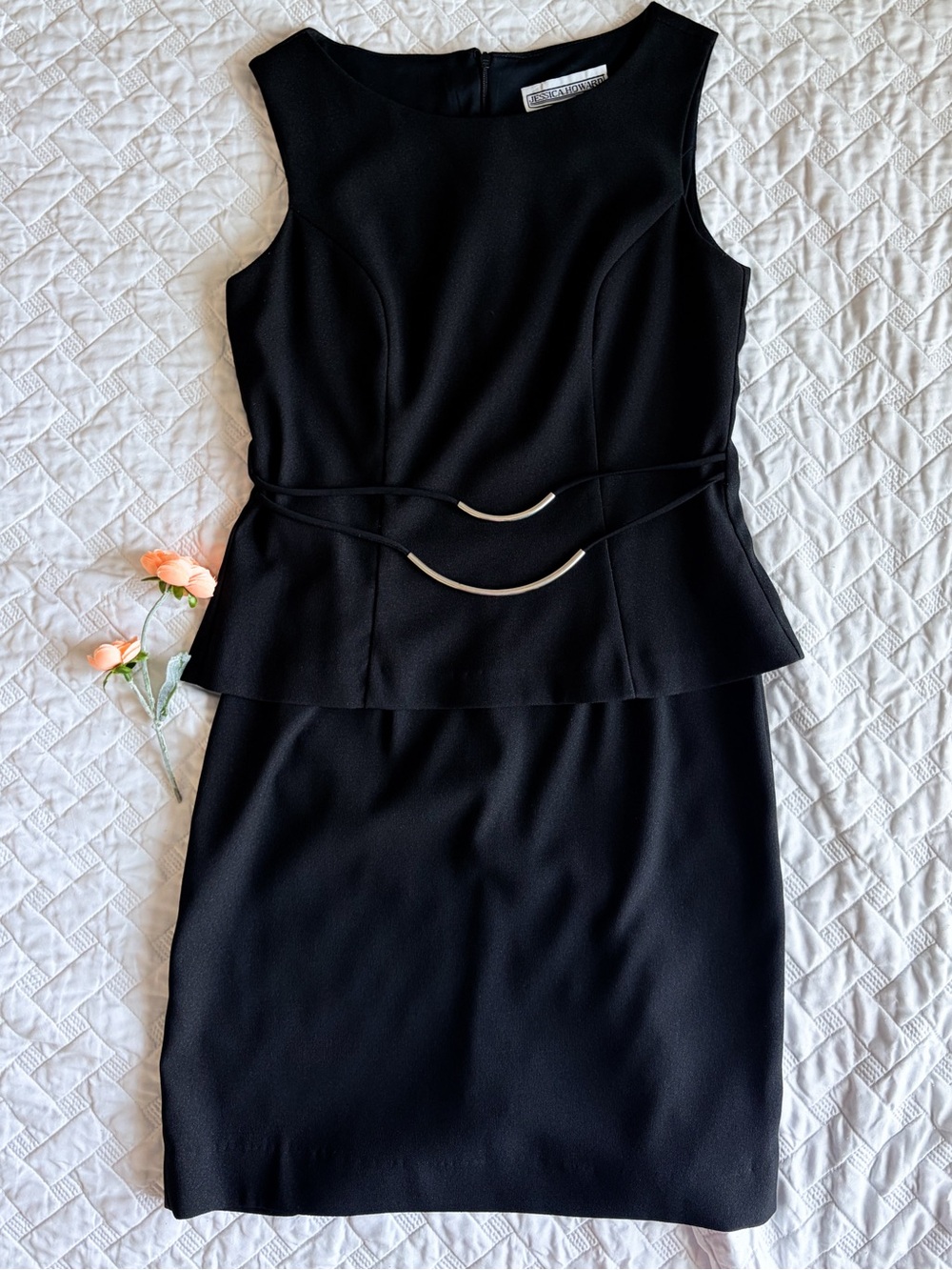 Jessica Howard Black Sleeveless Peplum Sheath Dress Size 6 Belted